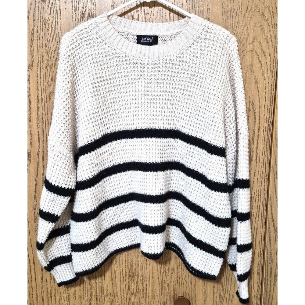 Just Polly Women's Cream & Black Striped Long Sleeve Cable Knit Sweater Size L